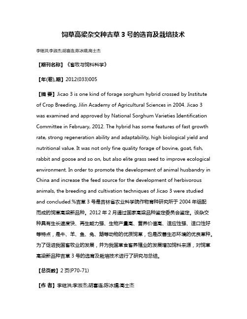 饲草高梁杂交种吉草3号的选育及栽培技术