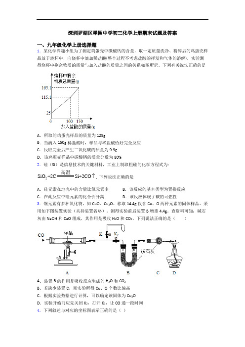 深圳罗湖区翠园中学初三化学初三化学上册期末试题及答案