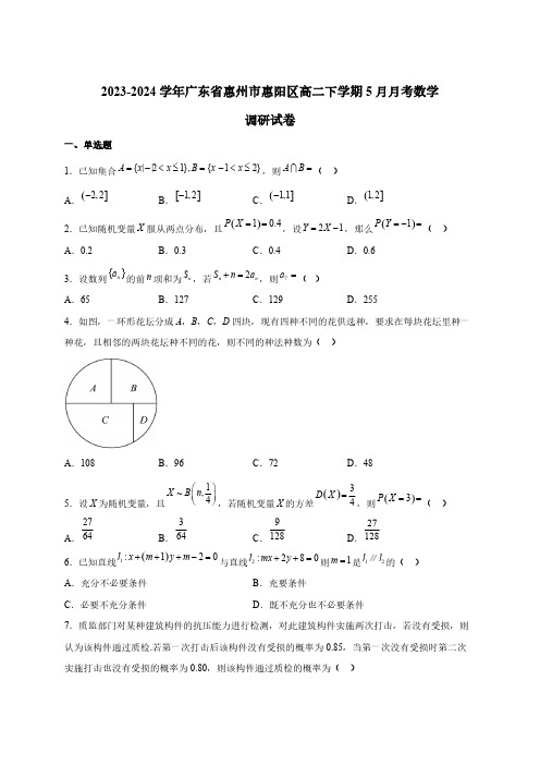 2023-2024学年广东省惠州市惠阳区高二下学期5月月考数学调研试卷(含解析)