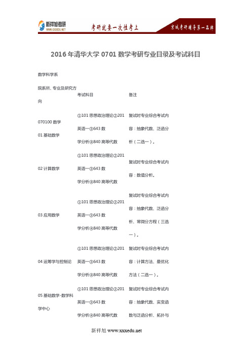 2016年清华大学0701数学考研专业目录及考试科目
