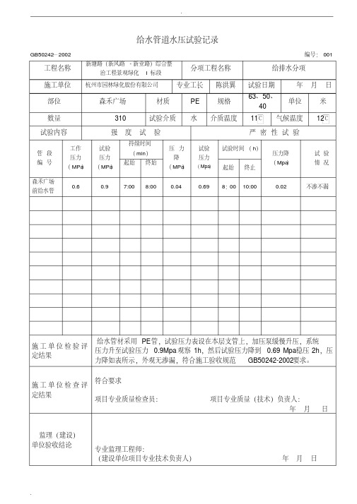 工程室内给水管道水压试验记录