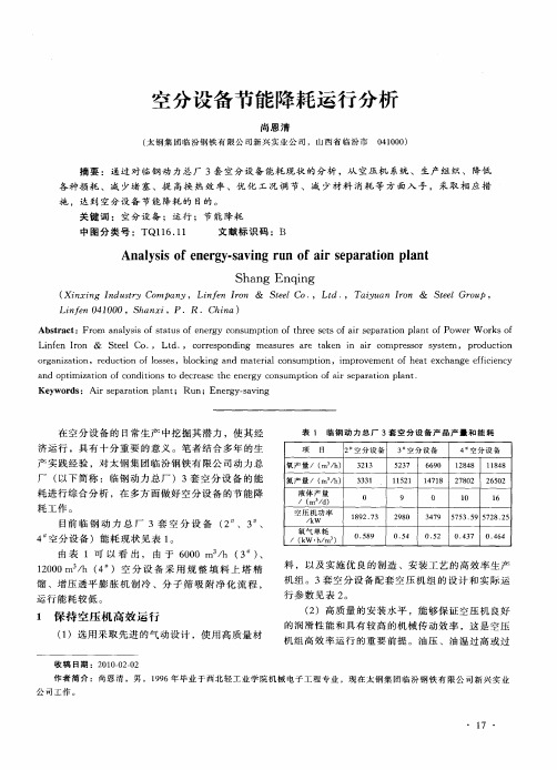 空分设备节能降耗运行分析