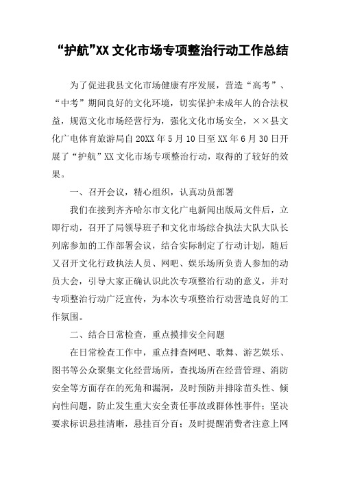 “护航”XX文化市场专项整治行动工作总结