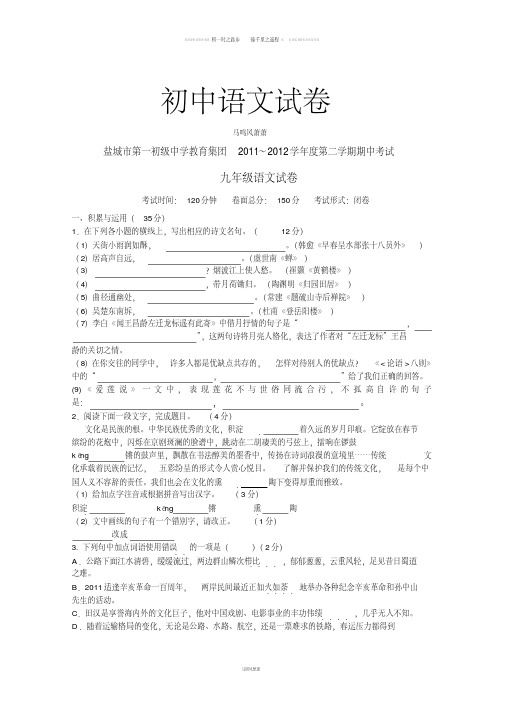 苏教版九下语文二学期期中考试