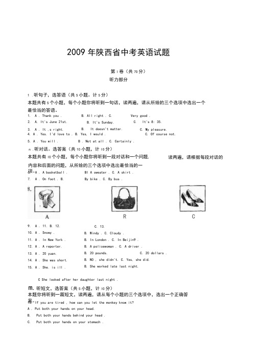 2009年陕西省中考英语试题(word版,含答案)