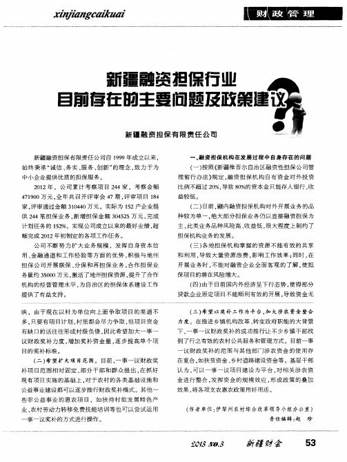 新疆融资担保行业目前存在的主要问题及政策建议
