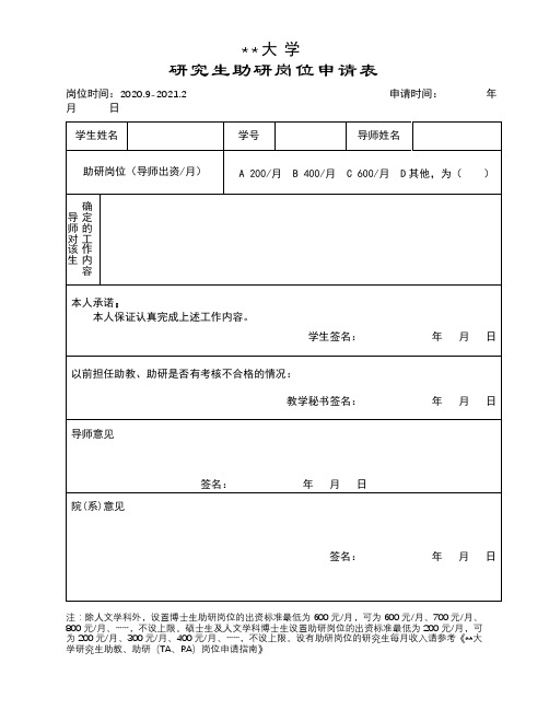 中国科学技术大学研究生助研岗位申请表【模板】