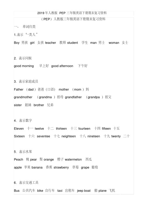 2019年人教版PEP三年级英语下册期末复习资料