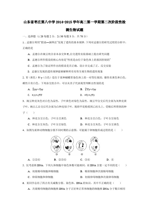 山东省枣庄第八中学2014-2015学年高二第一学期第二次阶段性检测生物试题