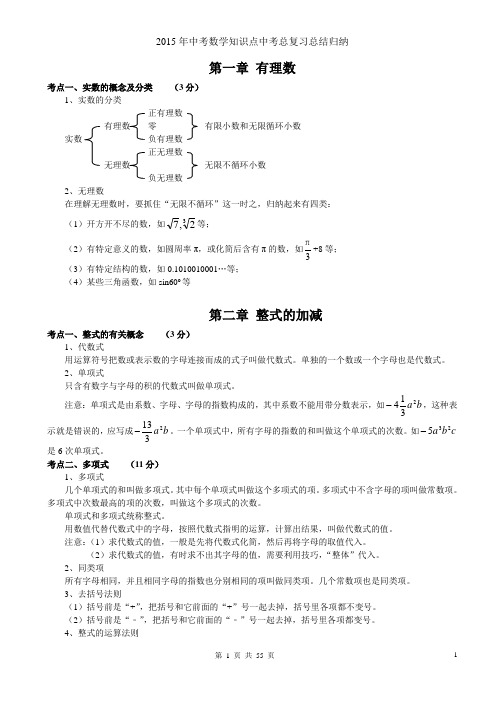2015年初中数学知识点中考总复习总结