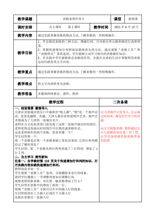 表格条理作用大第2课时(教案)2021-2022学年五年级全一册中图版