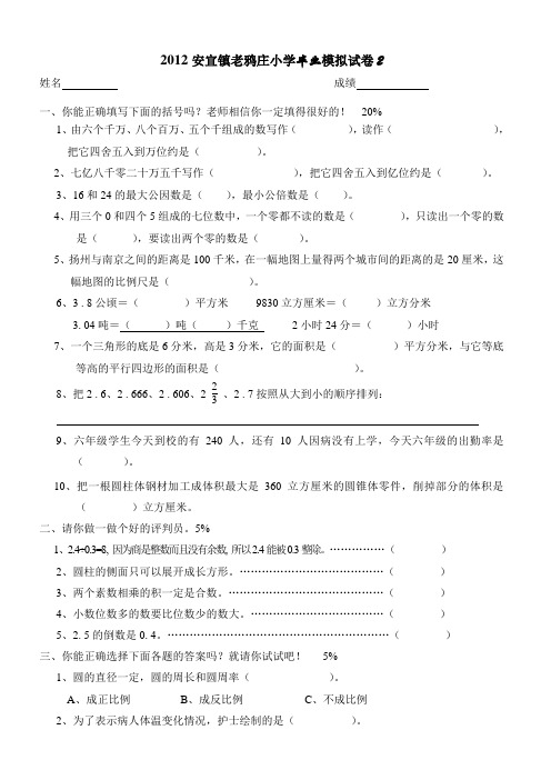 2老鸦庄小学数学毕业模拟试卷
