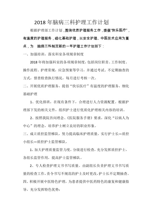 2018年脑病三科护理工作计划