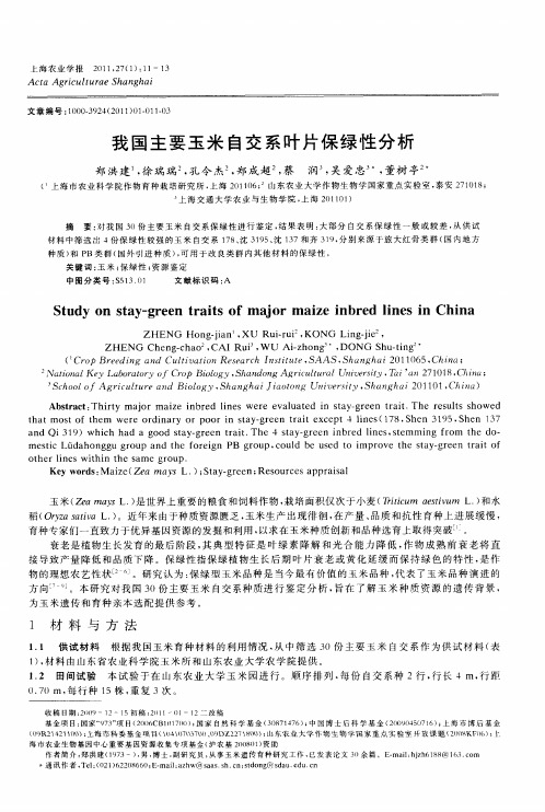 我国主要玉米自交系叶片保绿性分析