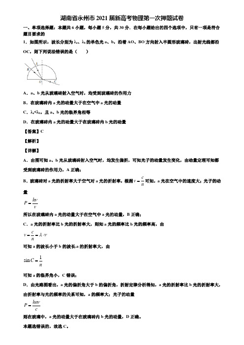 湖南省永州市2021届新高考物理第一次押题试卷含解析