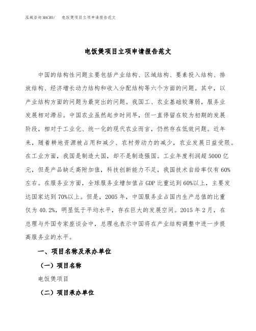 电饭煲项目立项申请报告范文