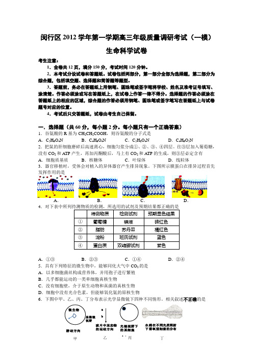 2013届上海市闵行区高三生物一模卷