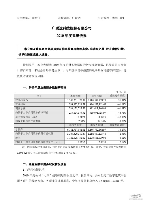 广联达：2019年度业绩快报