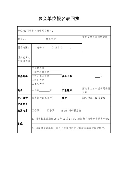 参会单位报名表回执