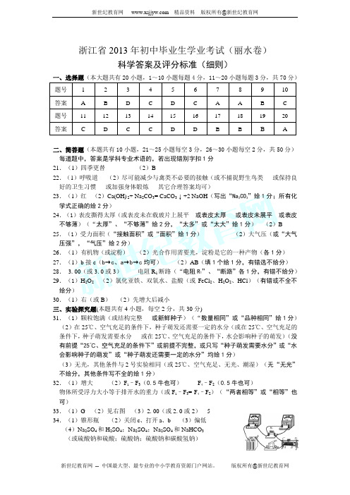 2013年初中毕业生学业考试(绍兴市卷)科学(Word版 答案)
