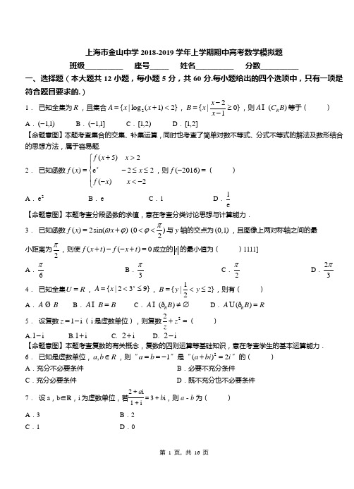 上海市金山中学2018-2019学年上学期期中高考数学模拟题