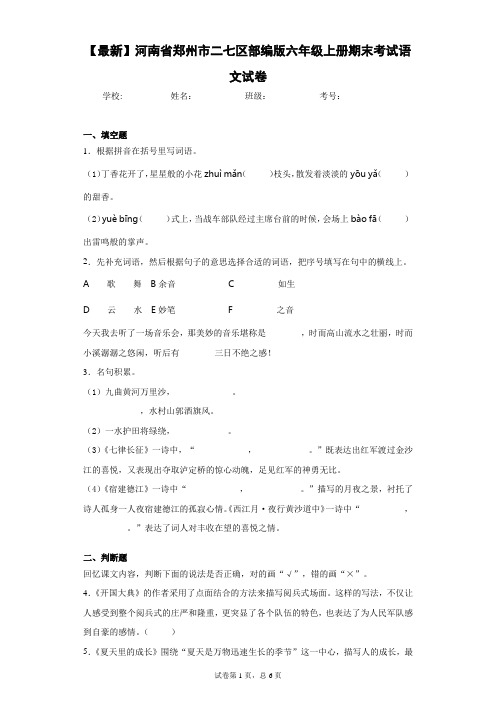 2020-2021学年河南省郑州市二七区部编版六年级上册期末考试语文试卷