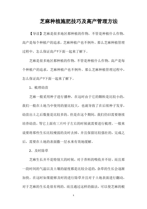 芝麻种植施肥技巧及高产管理方法