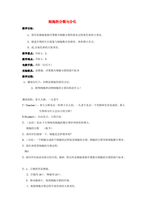 济南版生物-七年级上册-第一单元 第二章 第二节 细胞的分裂和分化》教学设计