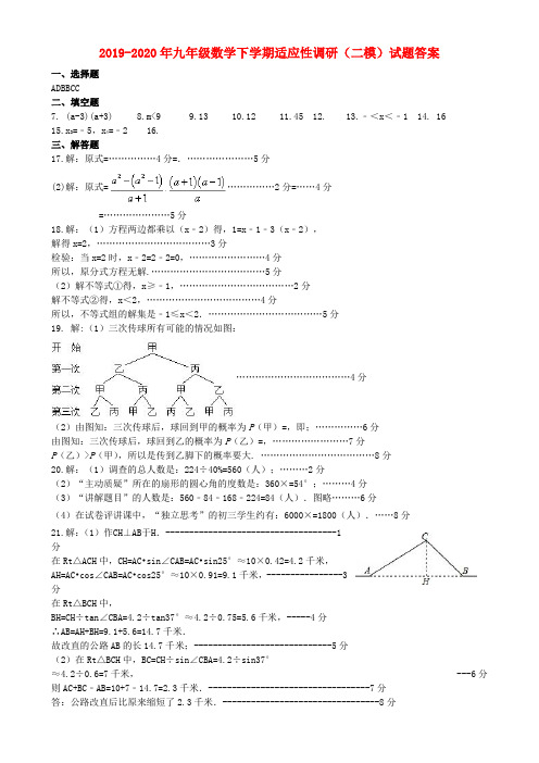 2019-2020年九年级数学下学期适应性调研(二模)试题答案