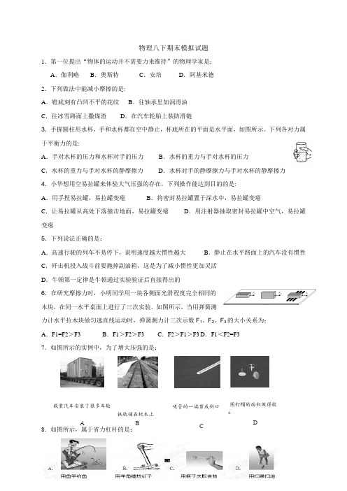 四川省乐山外国语学校2017-2018学年八年级下学期期末模拟物理试题(无答案)