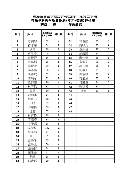 三年级音乐测试成绩表