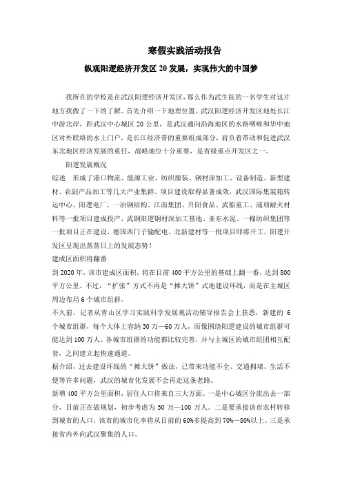 纵观阳逻经济开发区20发展,实现伟大的中国梦-寒假实践活动报告