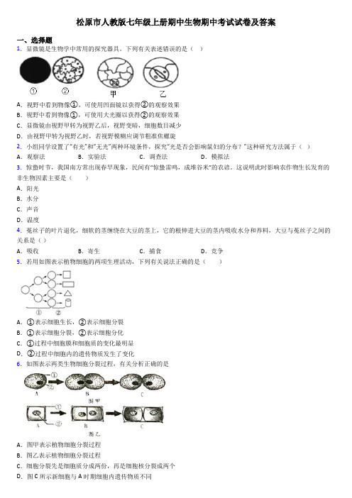 松原市人教版七年级上册期中生物期中考试试卷及答案
