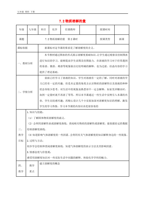 九年级化学下册第七章溶液7.2物质溶解的量2教案
