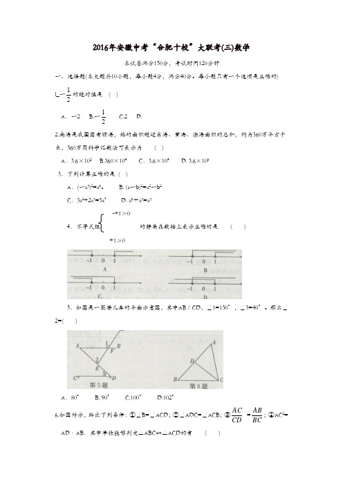 安徽省合肥十校2016届中考数学大联考(三)