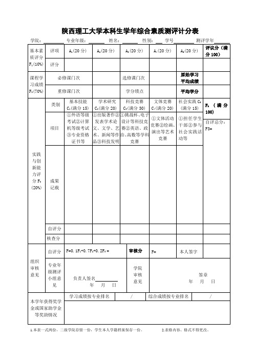 陕西理工大学本科生学年综合素质测评计分表