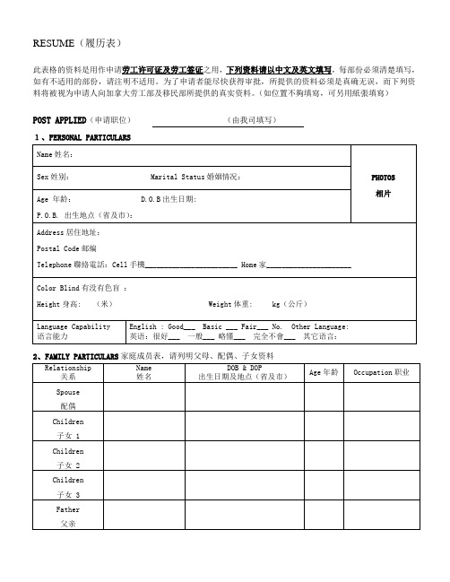 出国劳务申请签证简历表格
