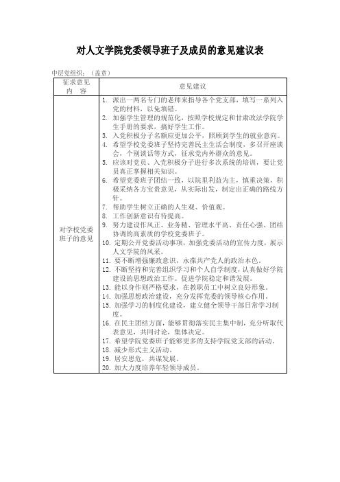 对党委领导班子及成员的意见建议表