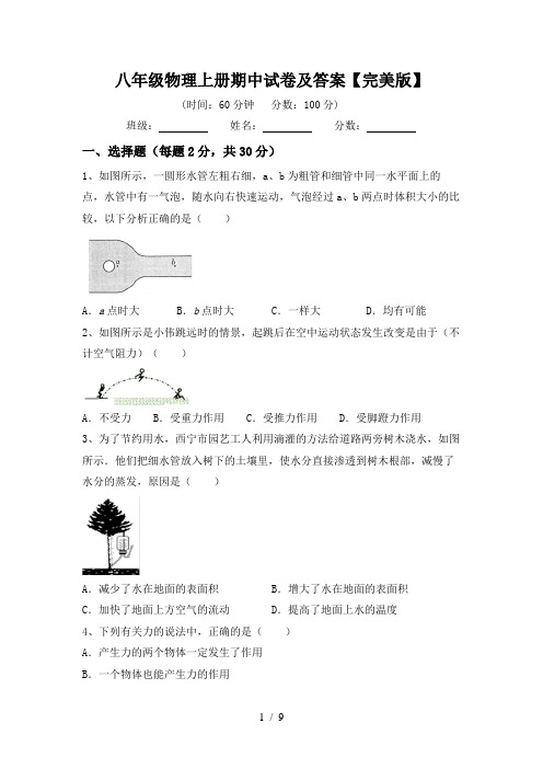 八年级物理上册期中试卷及答案【完美版】