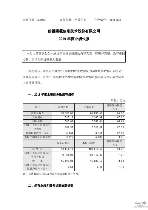 熙菱信息：2019年度业绩快报
