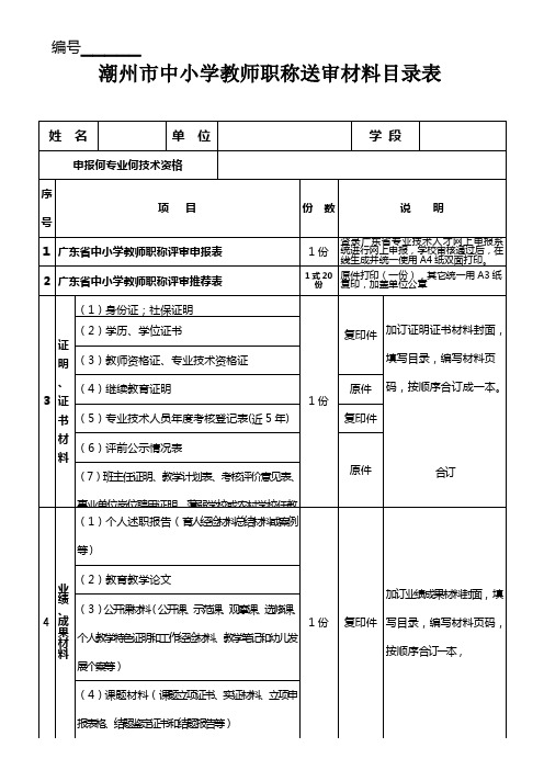中小学教师职称送审材料目录表