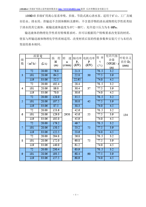 100MD45多级矿用离心泵性能参数表-长沙奔腾泵业