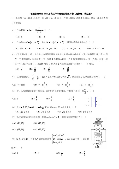 福建省泉州市2016届高三年专题适应性练习卷(选择题、填空题)