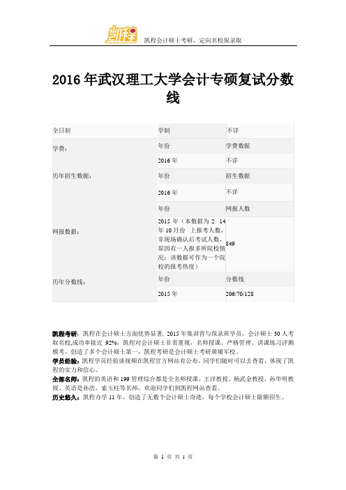2016年武汉理工大学会计专硕复试分数线