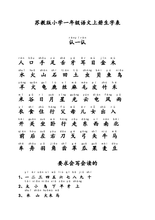 苏教版小学一年级语文上、下册生字表(一、二类字带拼音)