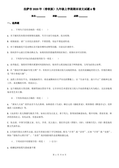 拉萨市2020年(春秋版)九年级上学期期末语文试题A卷