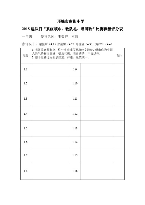 2018建队日“系红领巾、敬队礼、唱国歌”比赛班级评分表