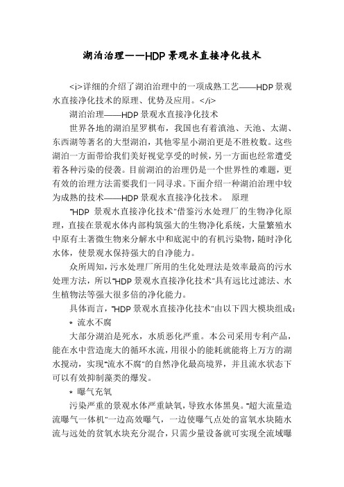 湖泊治理――HDP景观水直接净化技术