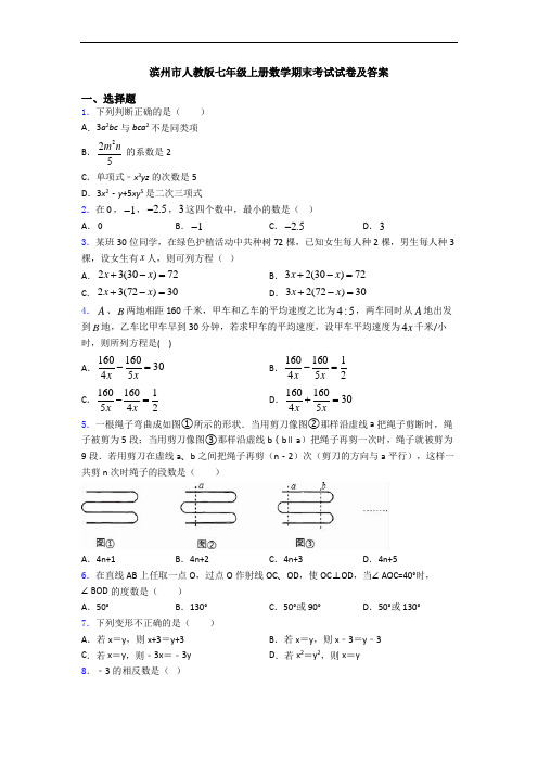 滨州市人教版七年级上册数学期末考试试卷及答案