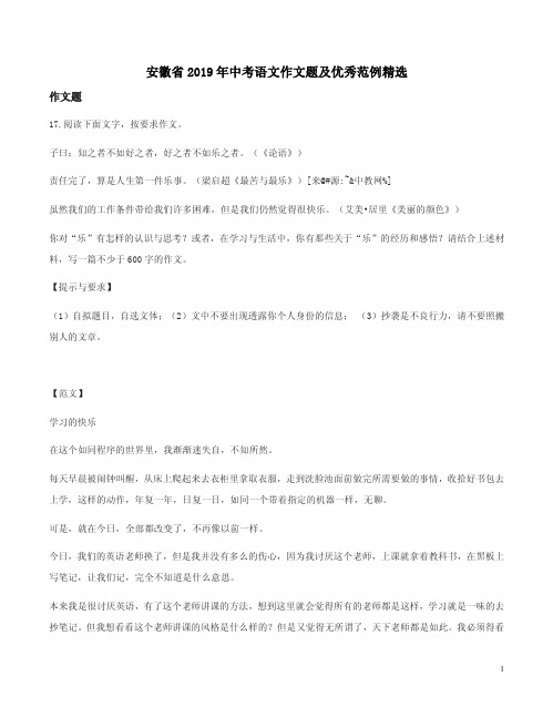 安徽省2019年中考语文作文题及优秀范例精选